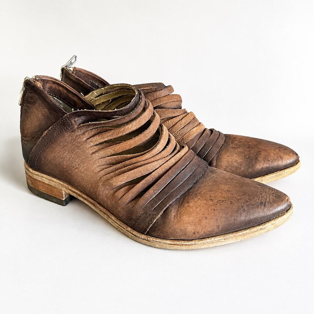 Free People Brown Leather Strappy Cage Ankle Boots Pointed Toe Boho Distressed
